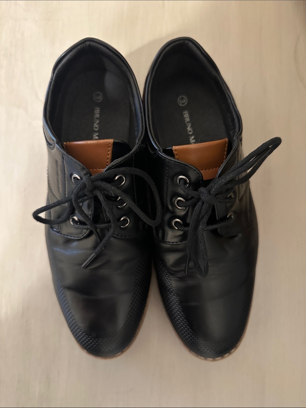 Kids Black Oxford Shoes with Tan Tongue Accent - Classic Lace-Up Derbys